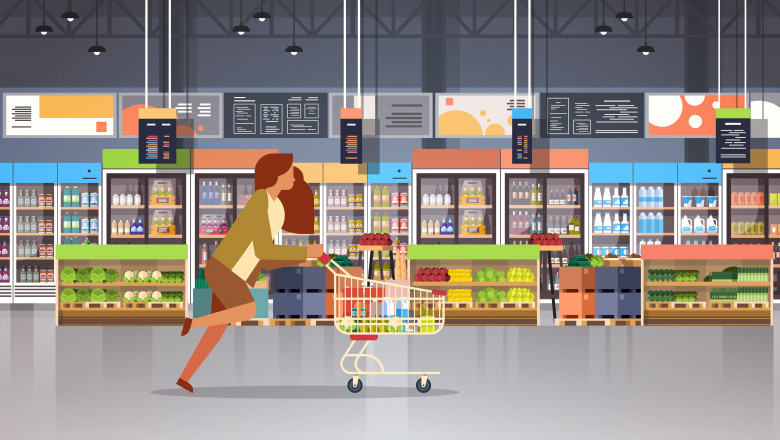 animatie grafica femeie alearga cu caruciorul in supermarket