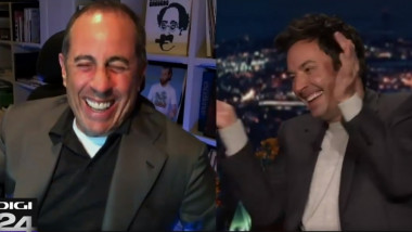 Jerry Seinfeld râde în emisiunea lui Jimmy Fallon după ce a vizionat interpretarea unui text umoristic scris e el de către românca Magda Mihăilă