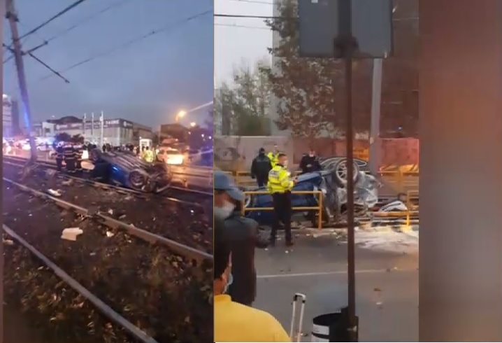 Accident grav în București. Doi copii duși la spital, după ce un șofer beat s-a răsturnat cu mașina pe linia tramvaiului 41