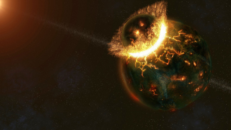 Imagine ilustrativă cu posibilul impact dintre Pământ și planeta Theia