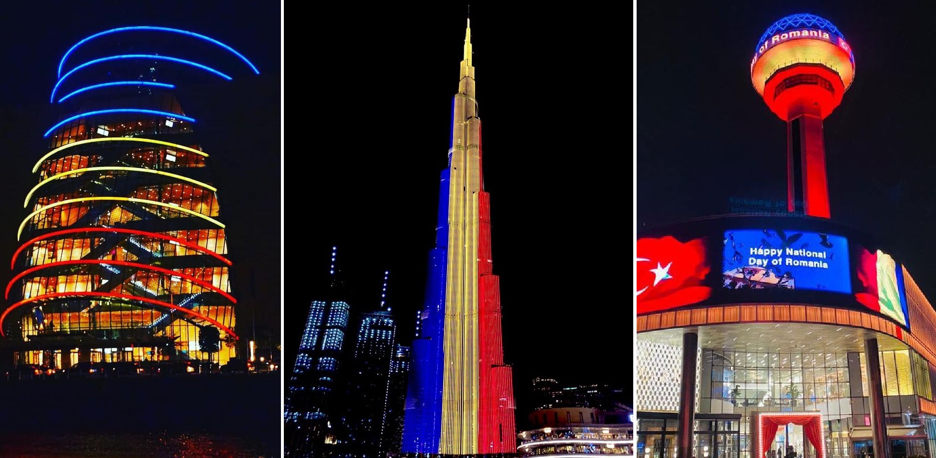 FOTO VIDEO | Drapelul României, pe cea mai înaltă clădire din lume. Ce clădiri-simbol au mai purtat steagul nostru de 1 Decembrie