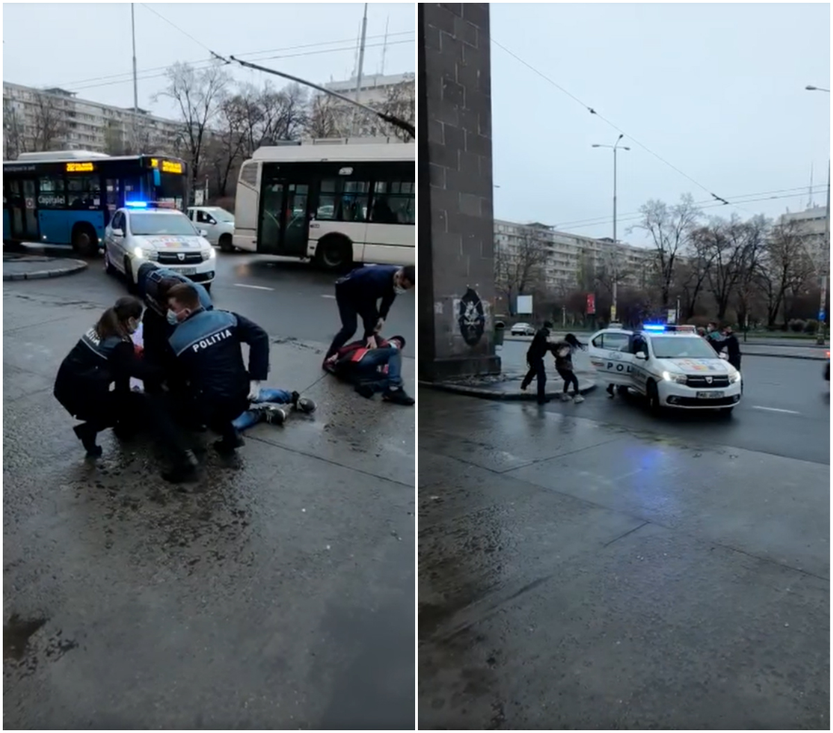 Doi bărbați și o femeie, puși la pământ de polițiști pentru că beau alcool și nu purtau mască