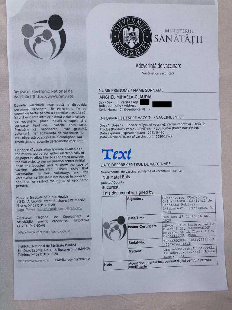 Adeverința de vaccinare anti-COVID este disponibilă în format electronic. De unde poate fi descărcată