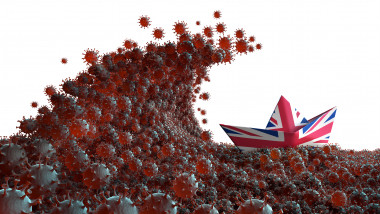 val de coronavirus care se napusteste asupra unei barcute in steag britanic