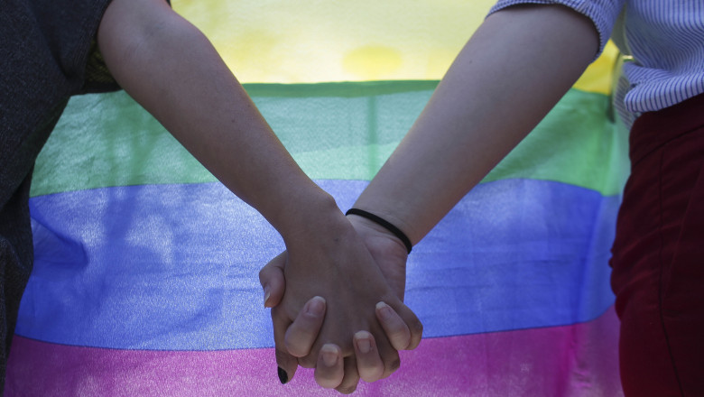 mîini înlănţuite pe fundalul steagului curcubeu, simbol al minorităţilor sexuale