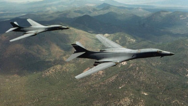 A pair of B-1B Lancer bombers soar over Wyoming