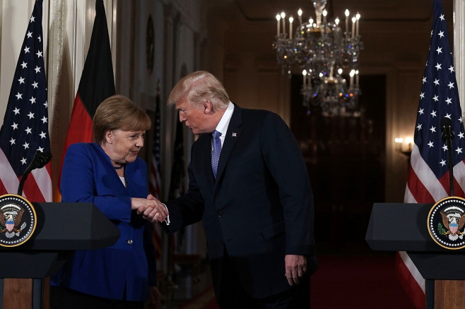 President Trump And German Chancellor Angela Merkel Hold Joint News Conference In East Room Of White House