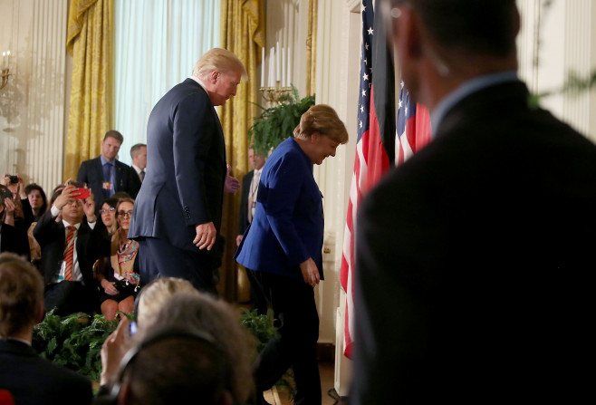 President Trump And German Chancellor Angela Merkel Hold Joint News Conference In East Room Of White House