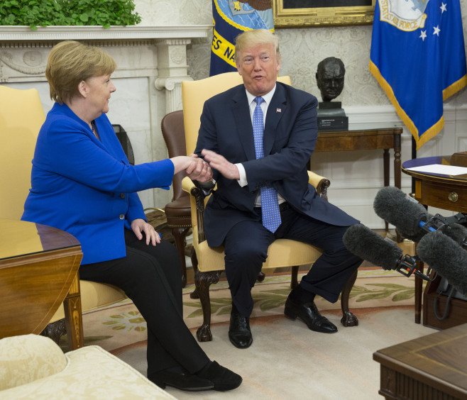 President Trump And German Chancellor Angela Merkel Hold Joint News Conference In East Room Of White House