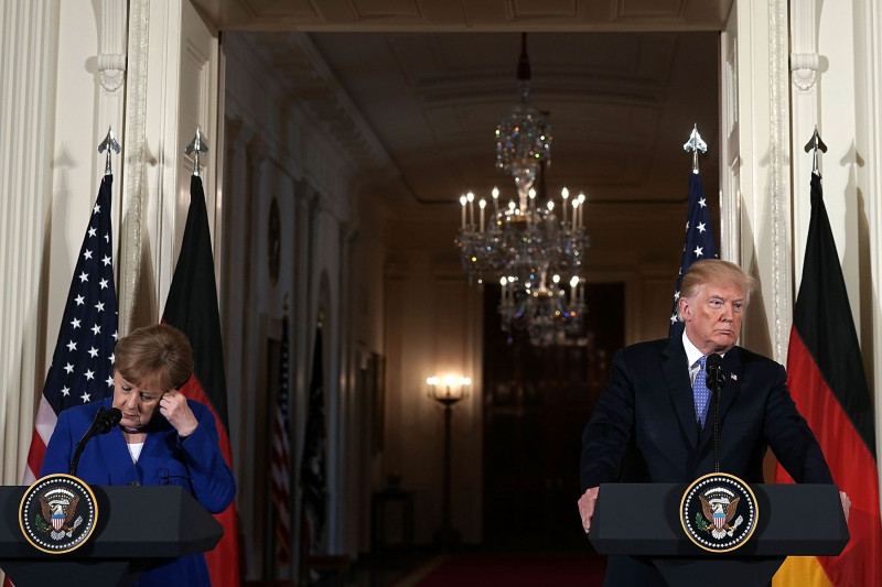 President Trump And German Chancellor Angela Merkel Hold Joint News Conference In East Room Of White House