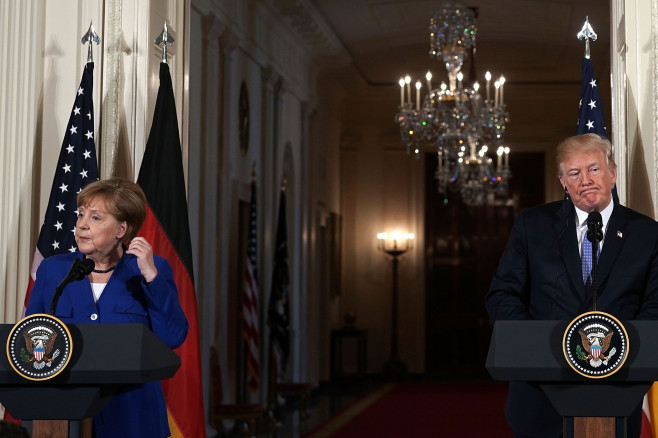 President Trump And German Chancellor Angela Merkel Hold Joint News Conference In East Room Of White House