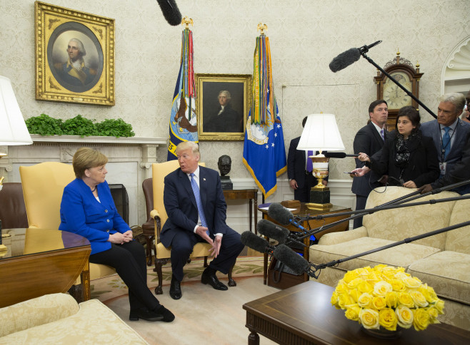 President Trump And German Chancellor Angela Merkel Hold Joint News Conference In East Room Of White House