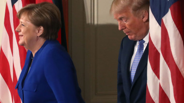 President Trump And German Chancellor Angela Merkel Hold Joint News Conference In East Room Of White House