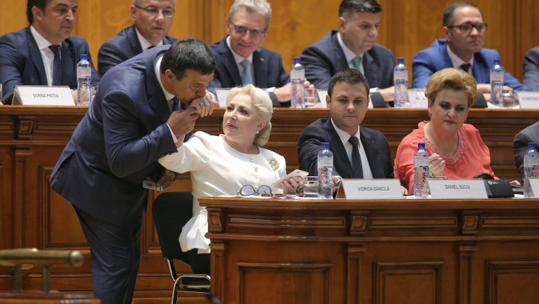 Ministrul Economiei, Niculae Bădălău, săruta mâna premierului Viorica Dăncilă, la Parlament, înainte de dezbaterea moțiunii de cenzură. Foto: Inquam Photos / George Călin