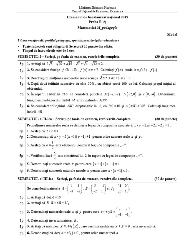 model subiect matematica