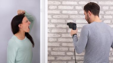 Neighbor Man Using Power Drill On Brick Wall