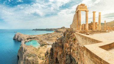 Famous tourist attraction - Acropolis of Lindos. Ancient architecture of Greece. Travel destinations of Rhodes island