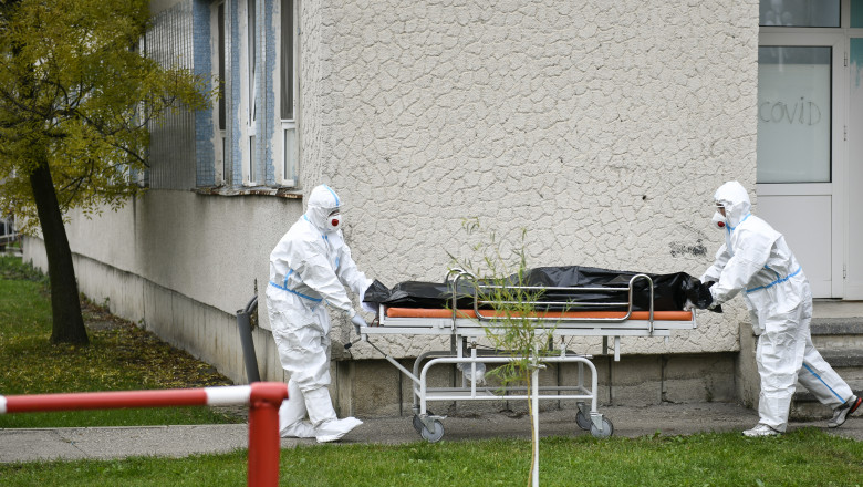 cadavru transportat pe targa de doua persoane în echipament de protectie