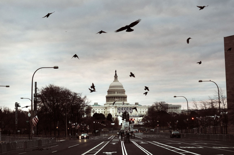 păsări deasupra Capitoliului SUA, străzi închise circulației Washington, imagine apocaliptică