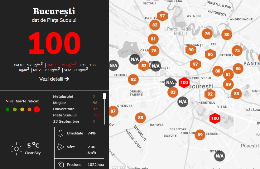 Poluare în centrul Capitalei. Nivelul particulelor PM2.5 a ajuns la 100