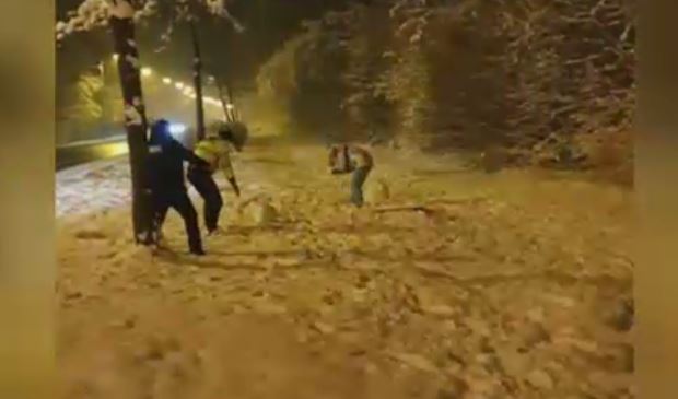 VIDEO. Doi polițiști din Sibiu s-au luat la bătaie cu bulgări cu doi copii