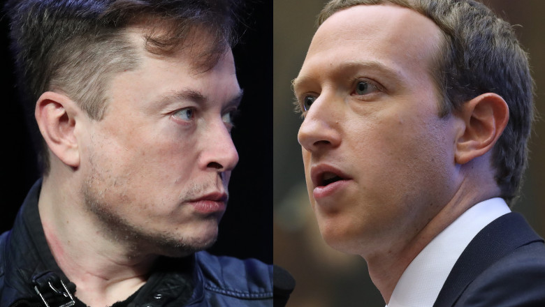 Colaj de fotografii ale lui Elon Musk, fondatorul Tesla și SpaceX și Mark Zuckerberg, fondatorul Facebook.