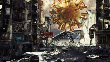 imagine ilustrativa cu pandemia covid intr-un oras cu masini si cladiri distruse