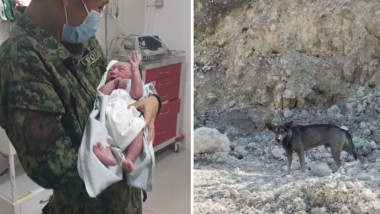 Militar cu un bebelus în brațe și cainele salvator