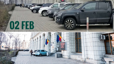 Parcarea din fața Ministerului Mediului plina cu masini si apoi goala