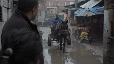 caruta cu cal care trece printr-o balta, intr-o comunitate de romi
