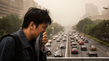 un tanar isi acopera fata cu un batic din cauza poluarii aerului, in China