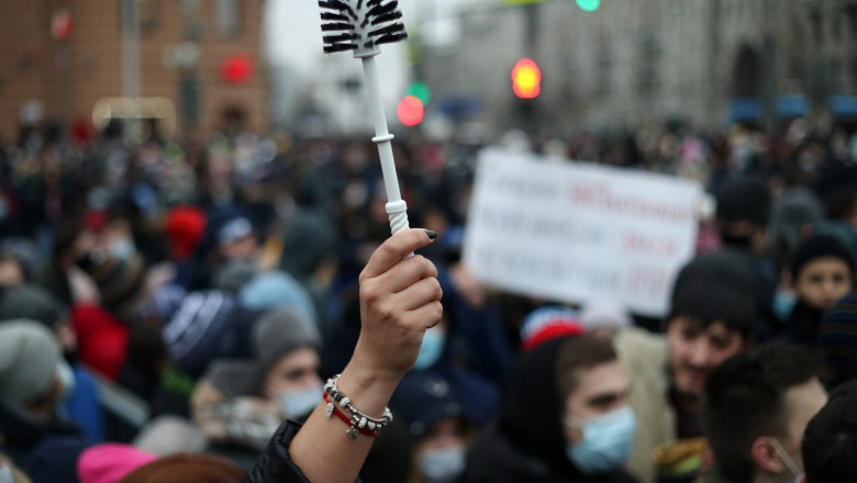 protestatari multi in ceata, se vede clar doar mana unei femei care tine o perie de WC ridicată