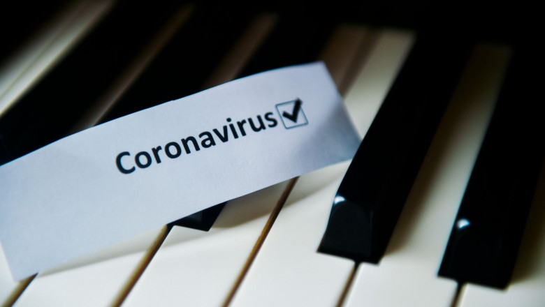 clape de pian cu un bilet pe care scrie coronavirus