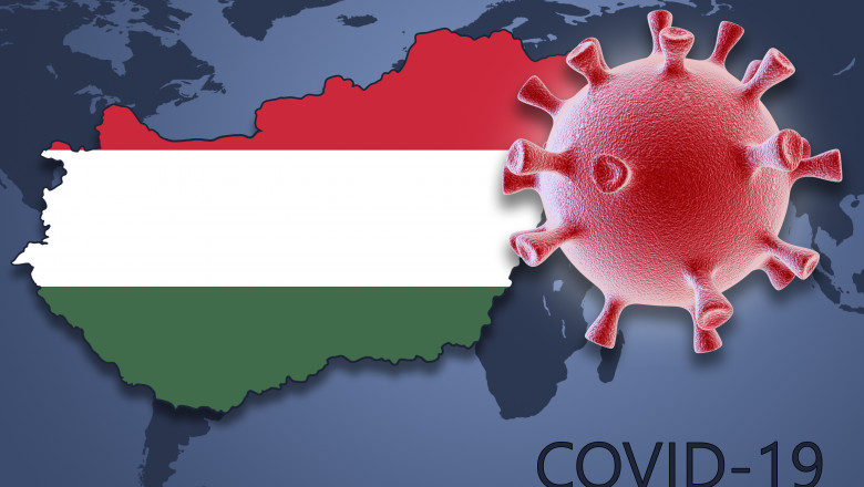 Conturul Ungariei desenat în culorile naționale și simbolul grafic al coronavirusului.