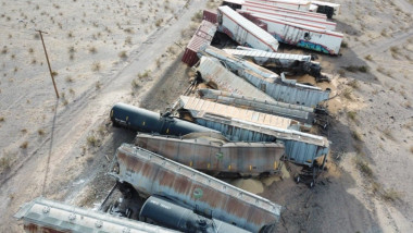 vagoanele deraiate ale unui tren de marfa in desertul mojave
