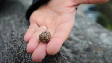 Un mic meteorit ținut în mână de un cercetător.