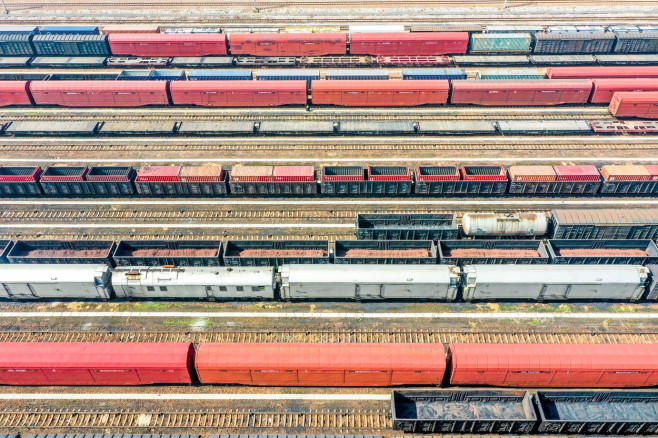 Aerial View Of Colorful Freight Trains In North China