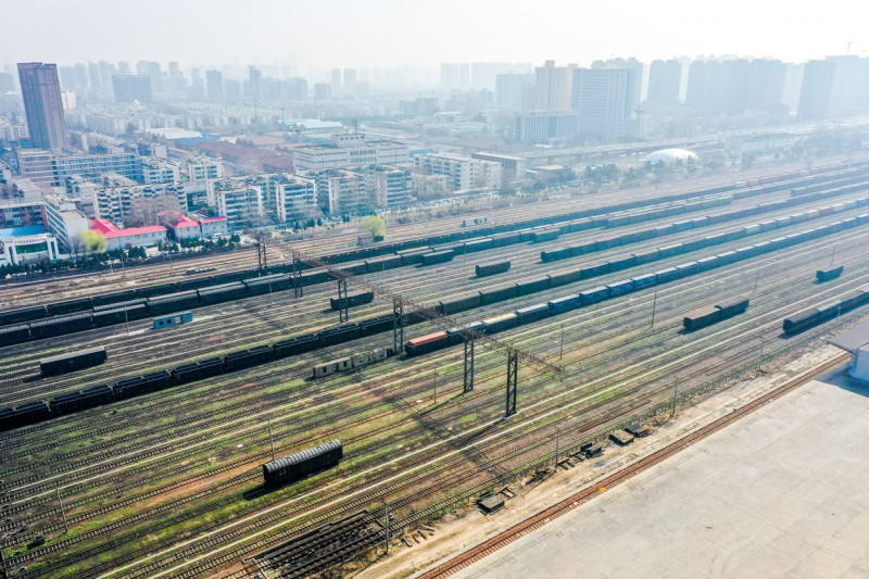 Aerial View Of Colorful Freight Trains In North China