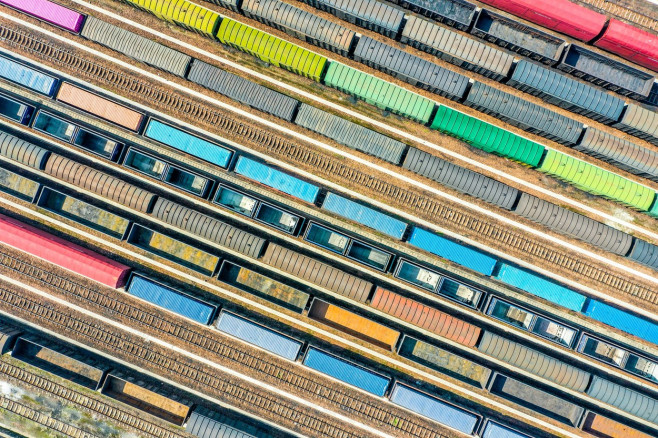 Aerial View Of Colorful Freight Trains In North China