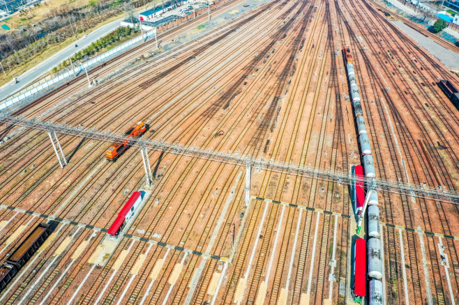 Aerial View Of Colorful Freight Trains In North China