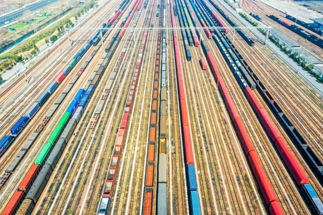 Aerial View Of Colorful Freight Trains In North China