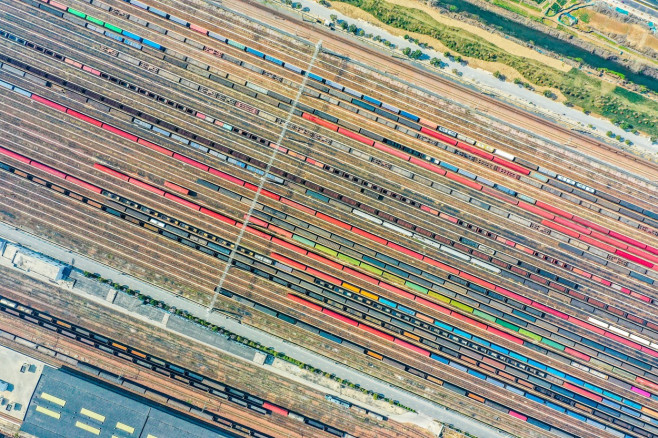 Aerial View Of Colorful Freight Trains In North China