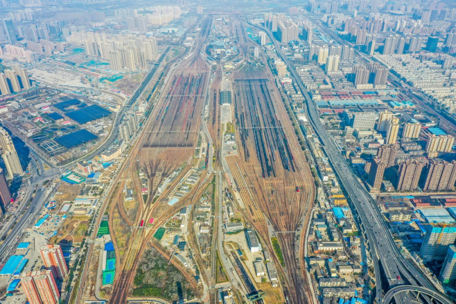 Aerial View Of Colorful Freight Trains In North China