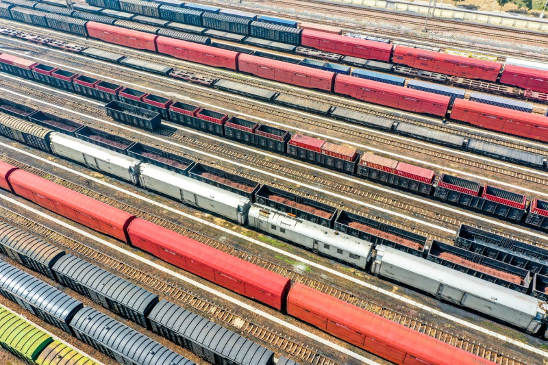 Aerial View Of Colorful Freight Trains In North China