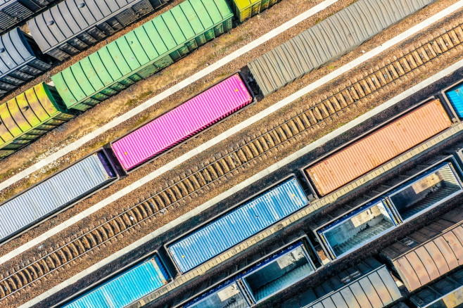 Aerial View Of Colorful Freight Trains In North China