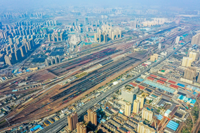 Aerial View Of Colorful Freight Trains In North China