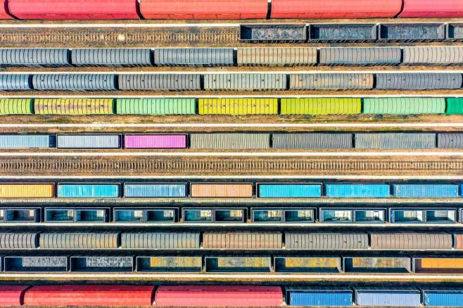 Aerial View Of Colorful Freight Trains In North China