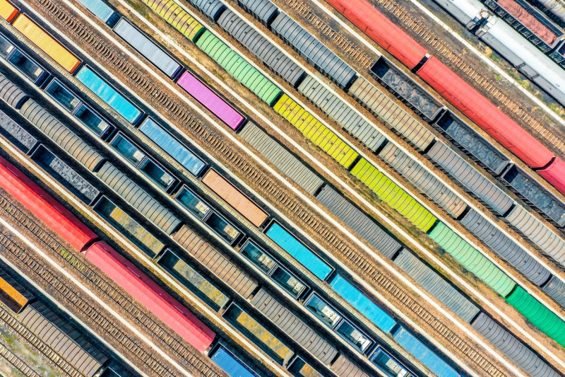 Aerial View Of Colorful Freight Trains In North China