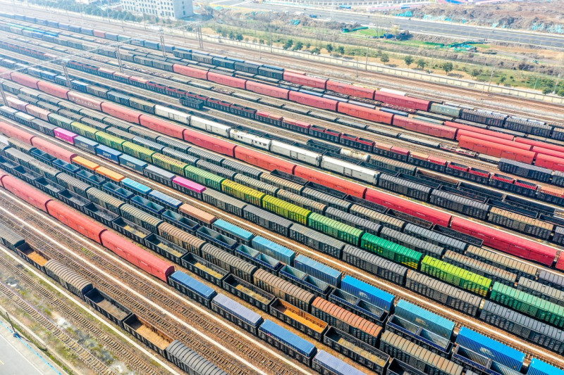 Aerial View Of Colorful Freight Trains In North China