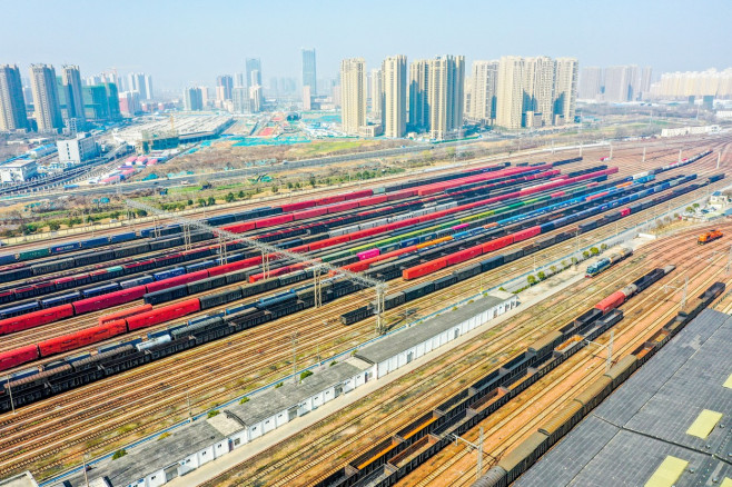 Aerial View Of Colorful Freight Trains In North China